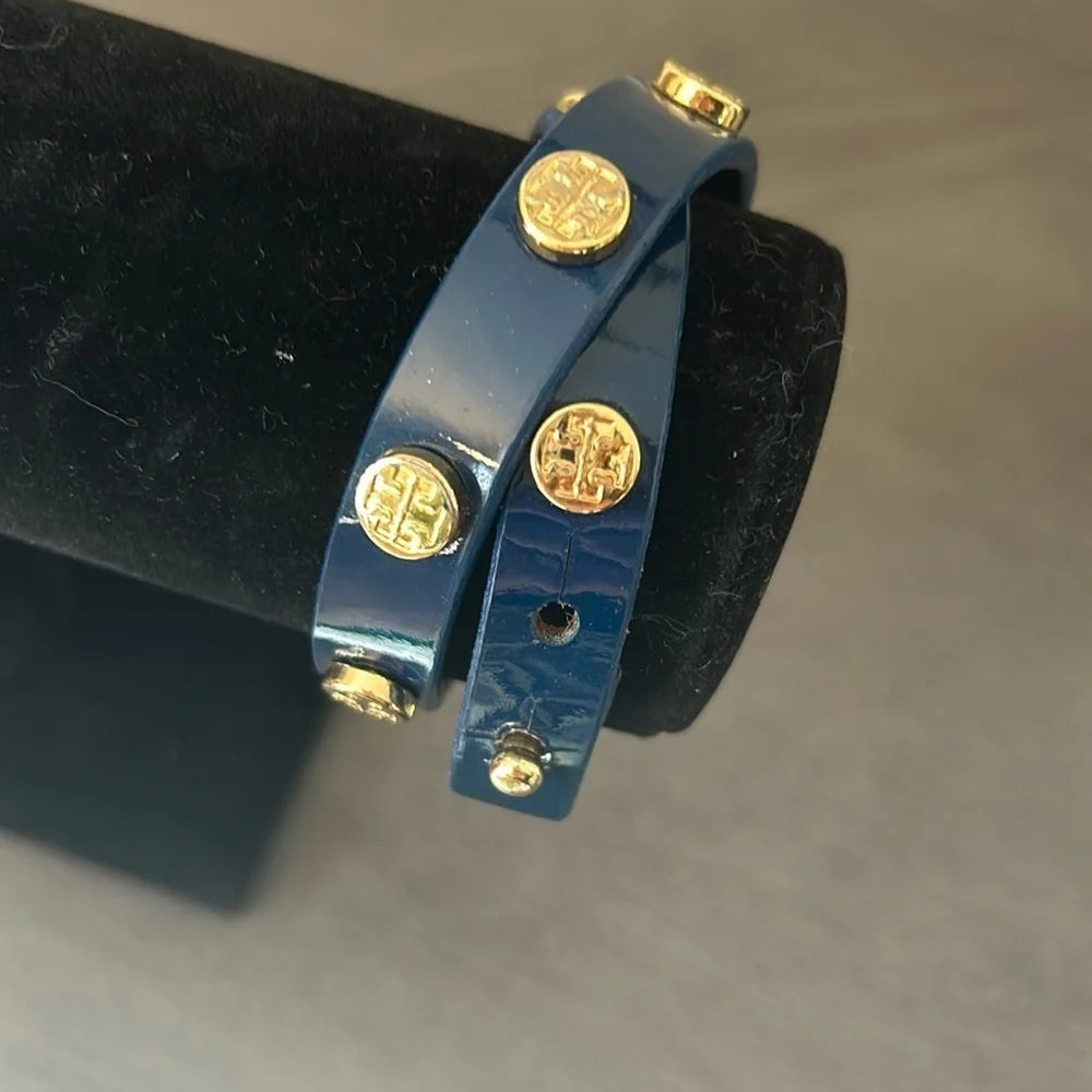 NEW Tory Burch Patent Leather Sunflower Double Wrap Bracelet Navy